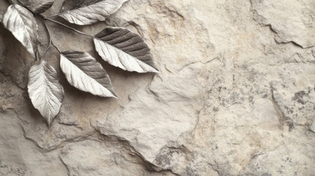 Discover the beauty of silver leaves against a textured stone backdrop, perfect for creating calm and serene visuals in design projects or nature-inspired art.の素材