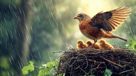 A serene moment captured in nature showing a mother bird with her chicks, emphasizing the beauty of wildlife and nurturing amidst a gentle rain shower.の素材