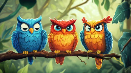 Three whimsical, colorful owls sit on a branch in a vibrant forest, showcasing various playful expressions, ideal for children's illustrations and nature-themed designs.の素材