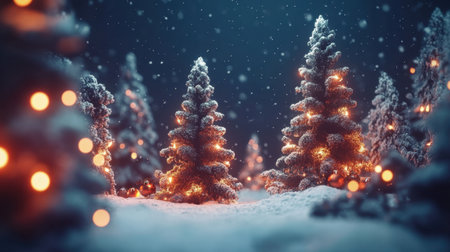 A breathtaking snowy forest scene at night featuring illuminated trees adorned with lights, creating a tranquil and festive atmosphere during the holiday season.の素材