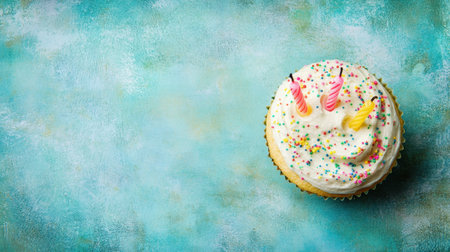 A delightful birthday cake adorned with colorful sprinkles and three vibrant candles sits on a bright turquoise backdrop, perfect for celebrating joyful moments.の素材