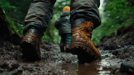 A captivating image showcasing muddy hiking boots on a trail with a child walking nearby, surrounded by deep green forest, emphasizing a fun outdoor adventure.の素材