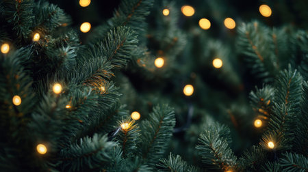 Immerse in the festive spirit with this close-up image of a Christmas tree, featuring soft glowing lights and rich green foliage, evoking warmth and holiday cheer.の素材