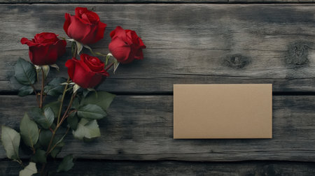 A stunning arrangement of red roses placed gracefully beside a blank card on a rustic wooden background, perfect for expressing heartfelt messages or planning romantic gestures.の素材