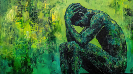 A striking abstract artwork featuring a solitary figure in deep contemplation, surrounded by rich green hues, evoking feelings of isolation and deep emotional reflection.の素材