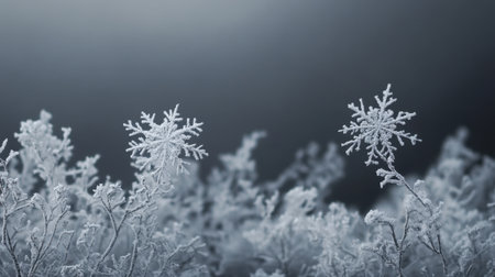A close-up view of intricate snowflakes on frosty branches creates a serene winter scene, capturing the essence of nature's delicate beauty in a tranquil atmosphere.の素材