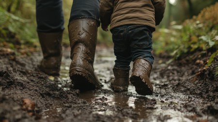 A heartwarming scene of a parent and child walking together along a muddy path in rubber boots, enjoying a rainy day in a lush, green outdoor setting.の素材
