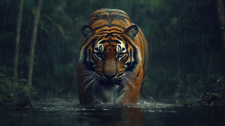 A striking image of a tiger navigating a rainy jungle setting, showcasing its powerful presence and fierce gaze amidst the lush greenery, perfect for wildlife enthusiasts.の素材