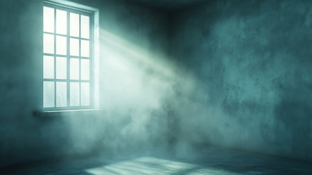 A serene composition featuring ethereal light filtering through a window in a misty, dark room, enhancing the mysterious ambiance and inviting contemplation and imagination.の素材