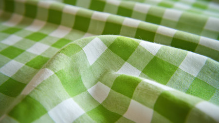 A close-up view of a soft green and white checked fabric showcasing a vibrant pattern perfect for creative projects, fashion design, and home decor applications.の素材