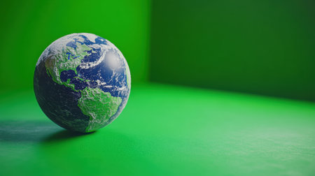 This image features a realistic globe set against a bright green backdrop, perfect for concepts related to geography, environmental themes, and global awareness.の素材
