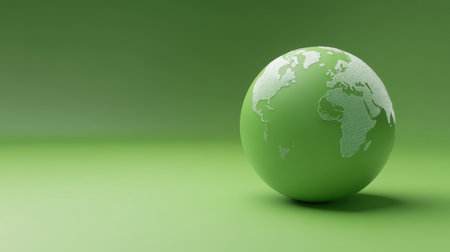 A vibrant green globe featuring a detailed white map against a soft green background, representing themes of ecology, sustainability, and global awareness in an artistic manner.の素材