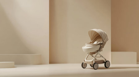 This image showcases a modern baby stroller in a minimalist beige setting, highlighting stylish parenting choices and contemporary design aesthetics for family and home environments.の素材