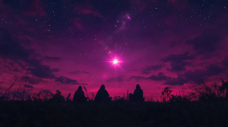 Three silhouetted figures gaze up at a vibrant pink night sky filled with stars and clouds, creating an atmosphere of wonder and tranquility under the cosmic display.の素材