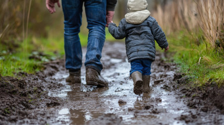 A heartwarming scene of a father and child walking together on a muddy path, capturing the essence of outdoor family adventures and quality time amidst nature.の素材