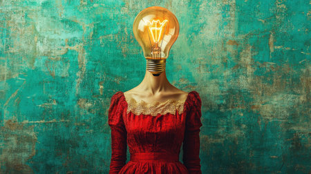 This imaginative portrait features a woman with a light bulb for a head, set against a textured teal background, symbolizing creativity and innovation with a striking visual impact.の素材