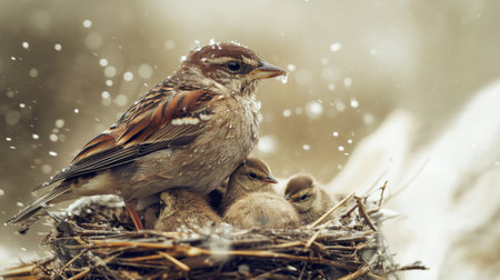 A heartwarming scene of a mother bird sheltering her chicks in a cozy nest during snowfall, showcasing the beauty of wildlife and nurturing instincts in winter's embrace.の素材