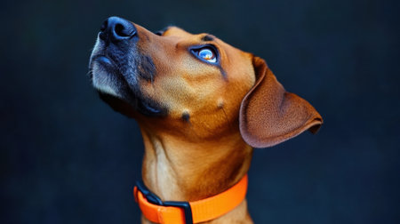 A charming brown dog with an orange collar gazes upwards, highlighting its expressive eyes and attentive demeanor against a dark background, perfect for pet lovers.の素材