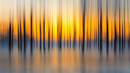 This abstract landscape features blurred tree trunks against a vibrant sunset, creating a serene and dreamy atmosphere. The reflection on water enhances the tranquil feel of the scene.の素材