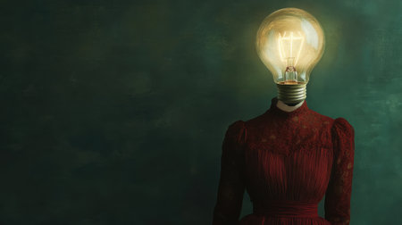 An artistic representation featuring a vintage-dressed figure with a light bulb for a head, set against a dark green background, symbolizing creativity and innovative ideas.の素材