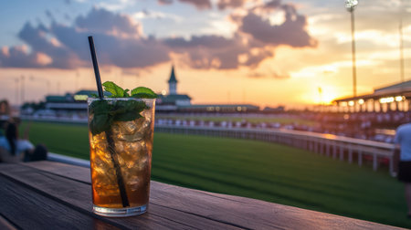 A beautifully arranged cocktail with fresh mint leaves sits on a wooden table, capturing a perfect sunset moment at a lively racecourse. Ideal for summer vibes.の素材