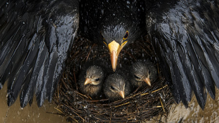 A striking image capturing a mother bird protecting her three chicks in a nest during a rain shower. This intense moment showcases nature's resilience and love.の素材
