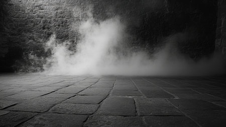 A captivating scene featuring a stone floor shrouded in fog, evoking feelings of mystery and tranquility in an ancient, abandoned setting with dark walls.の素材
