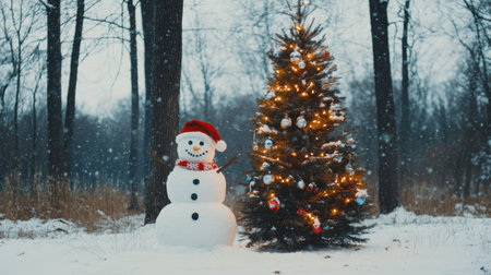 A delightful winter scene featuring a snowman wearing a red hat and a decorated Christmas tree with twinkling lights amidst a snowy forest landscape.の素材