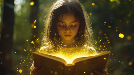 A young girl engrossed in a magical book radiates wonder as golden sparks illuminate the serene forest around her, capturing the essence of imagination and adventure.の素材
