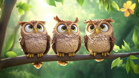 A delightful illustration featuring three cute cartoon owls perched on a branch, embraced by lush green leaves. This whimsical scene radiates charm and joy, perfect for childrenの素材