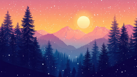 A stunning landscape showcasing snow-capped mountains at sunrise, surrounded by lush pine trees against a vibrant pink and orange sky, evoking tranquility and natural beauty.の素材