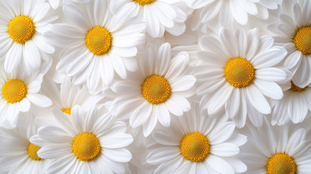 A vibrant close-up of fresh white daisies featuring bright yellow centers, creating a cheerful and lively aesthetic perfect for spring and summer themes in floral arrangements.の素材