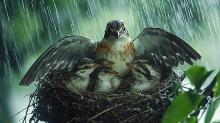 A touching scene of a mother bird protecting her chicks in their nest during heavy rain, highlighting the resilience of nature and the nurturing bond between parent and offspring.の素材
