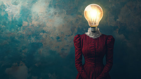 This captivating image features a figure in a vintage dress topped with a glowing light bulb, creatively blending themes of innovation and surreal artistry against a textured backdrop.の素材
