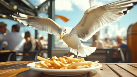 A lively seagull approaches a plate of fries on a wooden table, capturing the vibrant outdoor dining atmosphere filled with sunlight and people enjoying their meals.の素材