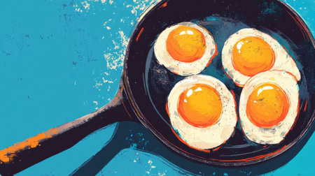 This colorful illustration showcases fried eggs in a black pan against a vibrant background, offering a creative representation of a beloved breakfast dish.の素材