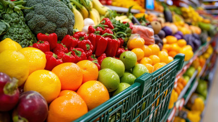 A vibrant display of fresh fruits and vegetables in a grocery store, showcasing a variety of colors and options that promote healthy eating and nutrition for shoppers and families.の素材