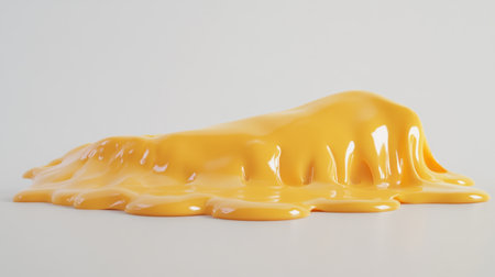 A vibrant yellow liquid forms a smooth puddle on a clean white background, showcasing its glossy surface texture and playful design, perfect for artistic projects.の素材