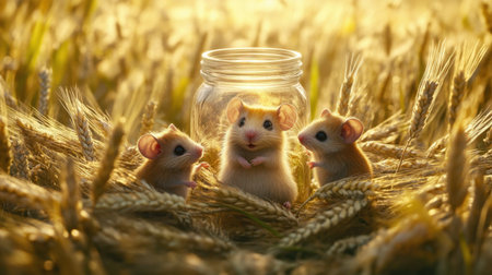 Three cute hamsters sit contentedly around a glass jar in a golden wheat field, bathed in warm sunset light, evoking a feeling of peace and companionship in nature.の素材