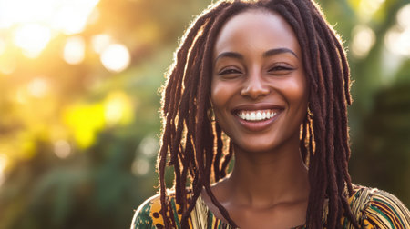 A cheerful young woman with natural hair exudes happiness as she smiles brightly in a sunlit outdoor setting, embodying joy and confidence in her colorful outfit surrounded by nature.の素材