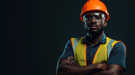 Confident construction worker wearing an orange helmet and reflective vest stands against a dark background. Emphasizes safety in the industry.の素材