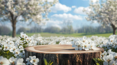 A serene spring landscape featuring a wooden tree stump surrounded by blossoming flowers. The bright, sunny atmosphere invites peace and tranquility.の素材