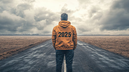 A lone figure stands on a deserted road, wearing a bold orange jacket marked with the year 2025, evoking feelings of solitude and anticipation against a moody sky.の素材