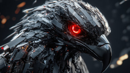 A stunning close-up of a futuristic robotic bird, featuring metallic textures and striking red eyes, symbolizing the blend of nature and technology in contemporary artistry.の素材