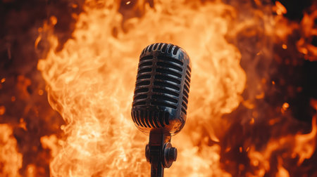 A striking vintage microphone stands defiantly against a backdrop of blazing flames, embodying the fiery spirit of music and creative expression. Perfect for art and performance themes.の素材