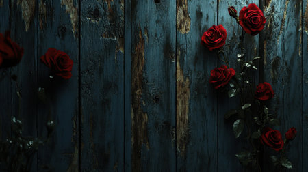 Captivating image showcasing red roses against a textured dark blue wooden backdrop, perfect for conveying themes of love, beauty, and artistic expression in various projects.の素材