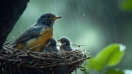 A tender moment captured as a mother bird shelters her chicks in a nest during a gentle rain. This scene showcases the beauty of nature and wildlife nurturing in a serene environment.の素材