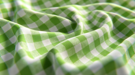 Close-up view of soft green and white checkered fabric, showcasing its smooth texture and elegant drape, ideal for backgrounds in fashion and home decor projects.の素材