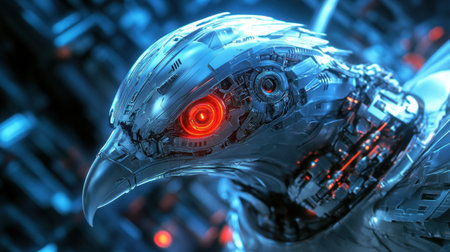 A striking image of a futuristic robotic bird with glowing red eyes, set against a high-tech backdrop, illustrating the fusion of nature and advanced technology in a captivating design.の素材