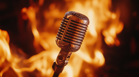 A striking vintage microphone stands boldly surrounded by flames, symbolizing the passion and intensity of music and performance in a captivating artistic display.の素材